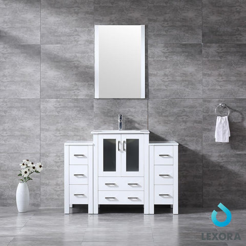 Image of Volez 48" White Single Vanity w/ 2 Side Cabinets | Integrated Top | White Integrated Square Sink and 22" Mirror
