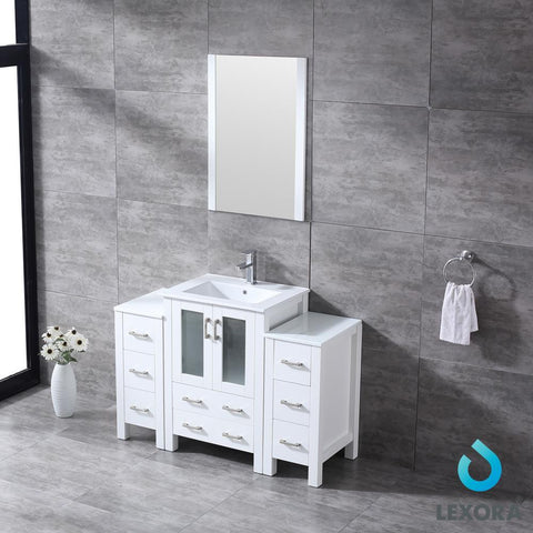 Image of Volez 48" White Single Vanity w/ 2 Side Cabinets | Integrated Top | White Integrated Square Sink and 22" Mirror