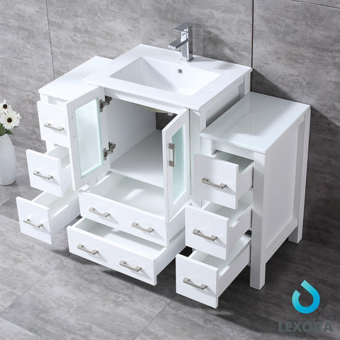 Image of Volez 48" White Single Vanity w/ 2 Side Cabinets | Integrated Top | White Integrated Square Sink and 22" Mirror