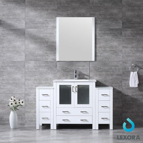 Image of Volez 54" White Single Vanity w/ 2 Side Cabinets | Integrated Top | White Integrated Square Sink and 28" Mirror