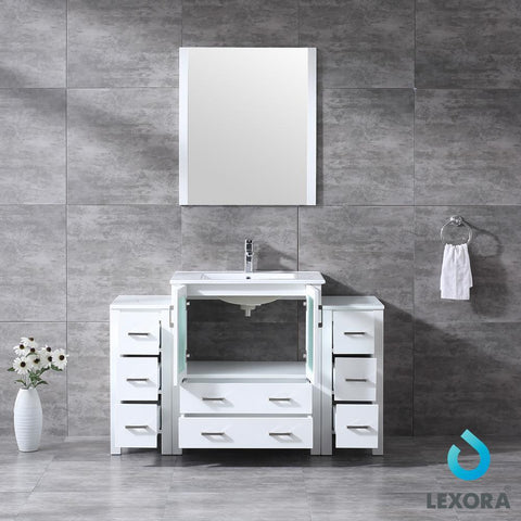 Image of Volez 54" White Single Vanity w/ 2 Side Cabinets | Integrated Top | White Integrated Square Sink and 28" Mirror