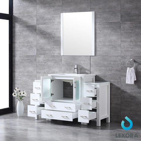 Image of Volez 54" White Single Vanity w/ 2 Side Cabinets | Integrated Top | White Integrated Square Sink and 28" Mirror