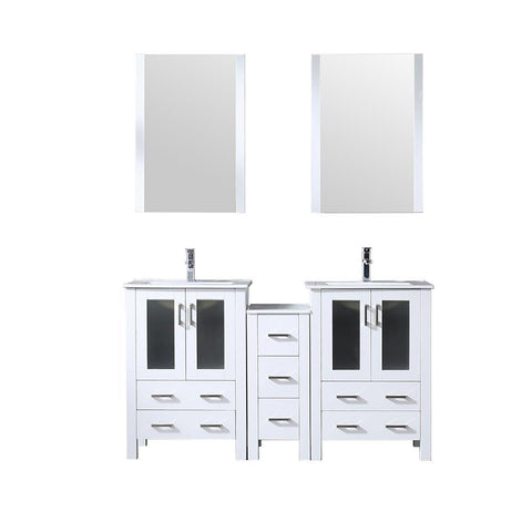 Image of Volez 60" White Double Vanity w/ Side Cabinet | Integrated Top | White Integrated Square Sink and 22" Mirrors