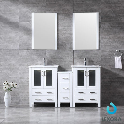 Image of Volez 60" White Double Vanity w/ Side Cabinet | Integrated Top | White Integrated Square Sink and 22" Mirrors