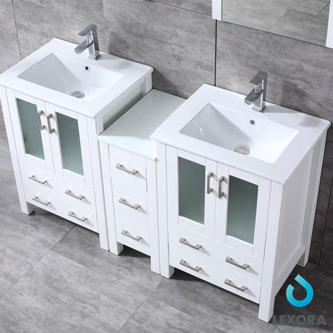 Image of Volez 60" White Double Vanity w/ Side Cabinet | Integrated Top | White Integrated Square Sink and 22" Mirrors
