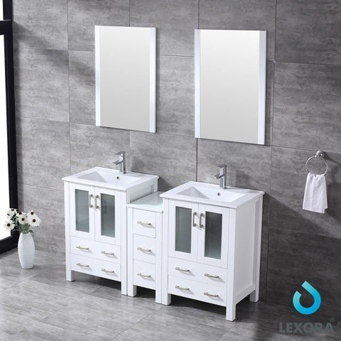 Image of Volez 60" White Double Vanity w/ Side Cabinet | Integrated Top | White Integrated Square Sink and 22" Mirrors