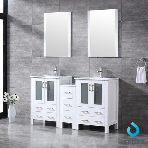 Image of Volez 60" White Double Vanity w/ Side Cabinet | Integrated Top | White Integrated Square Sink and 22" Mirrors
