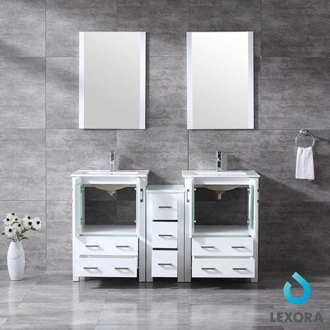 Image of Volez 60" White Double Vanity w/ Side Cabinet | Integrated Top | White Integrated Square Sink and 22" Mirrors