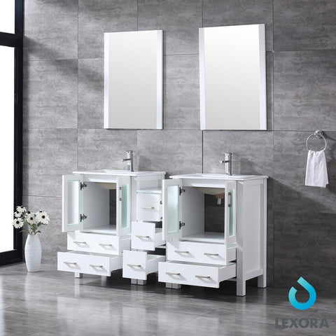 Image of Volez 60" White Double Vanity w/ Side Cabinet | Integrated Top | White Integrated Square Sink and 22" Mirrors
