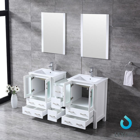 Image of Volez 60" White Double Vanity w/ Side Cabinet | Integrated Top | White Integrated Square Sink and 22" Mirrors
