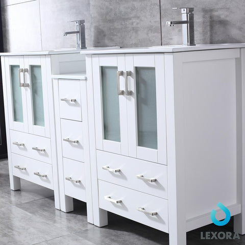 Image of Volez 60" White Double Vanity w/ Side Cabinet | Integrated Top | White Integrated Square Sink and 22" Mirrors