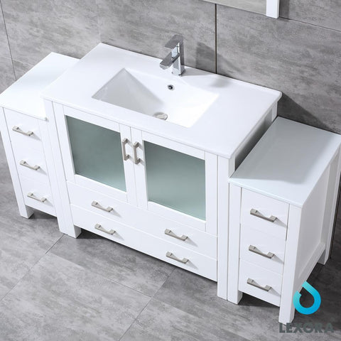 Image of Volez 60" White Single Vanity w/ 2 Side Cabinets | Integrated Top | White Integrated Square Sink and 34" Mirror