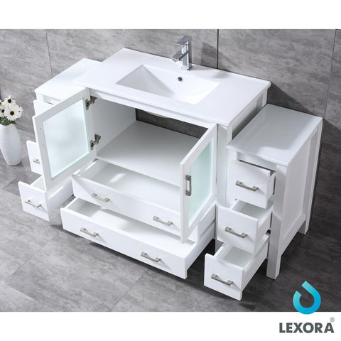 Image of Volez 60" White Single Vanity w/ 2 Side Cabinets | Integrated Top | White Integrated Square Sink and 34" Mirror