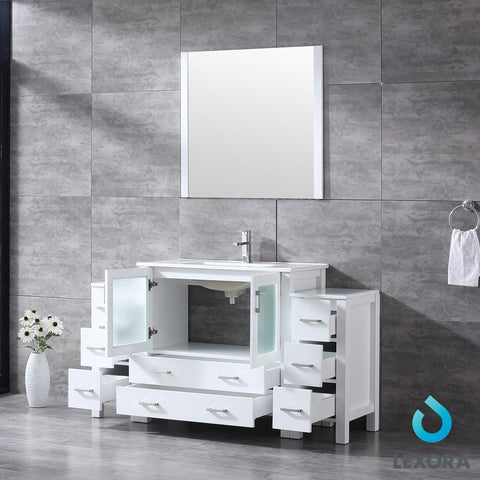 Image of Volez 60" White Single Vanity w/ 2 Side Cabinets | Integrated Top | White Integrated Square Sink and 34" Mirror
