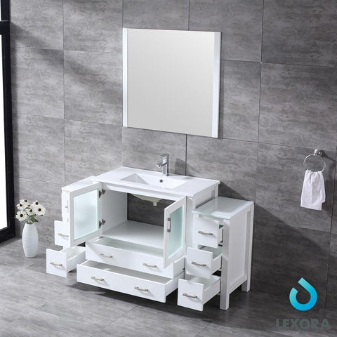 Image of Volez 60" White Single Vanity w/ 2 Side Cabinets | Integrated Top | White Integrated Square Sink and 34" Mirror