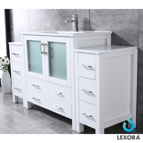 Image of Volez 60" White Single Vanity w/ 2 Side Cabinets | Integrated Top | White Integrated Square Sink and 34" Mirror