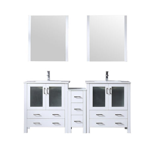 Image of Volez 72" White Double Vanity w/ Side Cabinet | Integrated Top | White Integrated Square Sink and 28" Mirrors