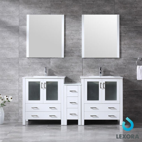 Image of Volez 72" White Double Vanity w/ Side Cabinet | Integrated Top | White Integrated Square Sink and 28" Mirrors