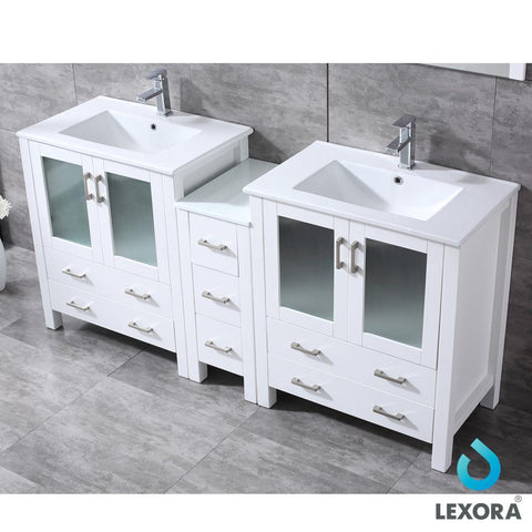 Image of Volez 72" White Double Vanity w/ Side Cabinet | Integrated Top | White Integrated Square Sink and 28" Mirrors