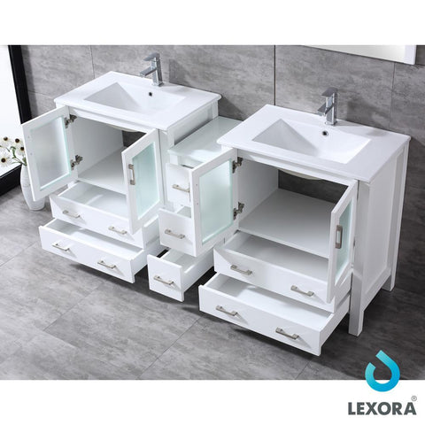Image of Volez 72" White Double Vanity w/ Side Cabinet | Integrated Top | White Integrated Square Sink and 28" Mirrors