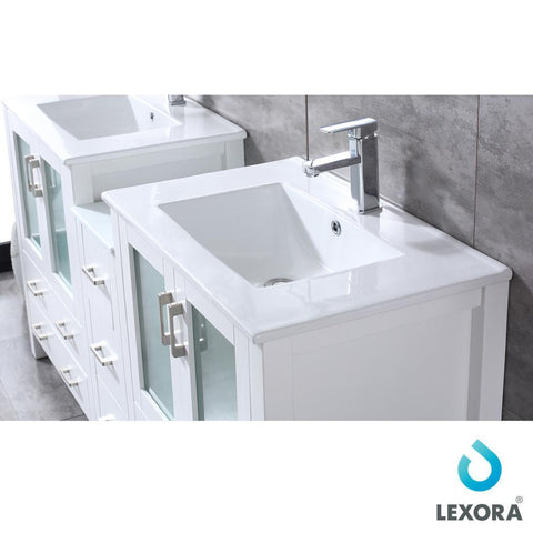 Image of Volez 72" White Double Vanity w/ Side Cabinet | Integrated Top | White Integrated Square Sink and 28" Mirrors