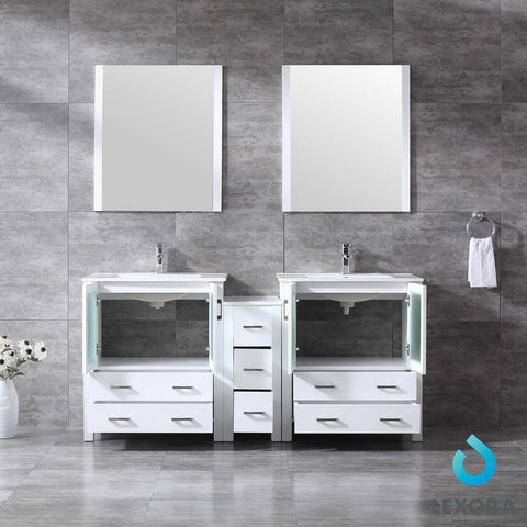 Image of Volez 72" White Double Vanity w/ Side Cabinet | Integrated Top | White Integrated Square Sink and 28" Mirrors