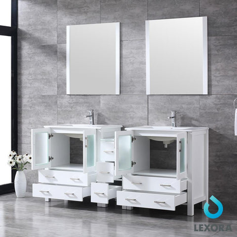Image of Volez 72" White Double Vanity w/ Side Cabinet | Integrated Top | White Integrated Square Sink and 28" Mirrors