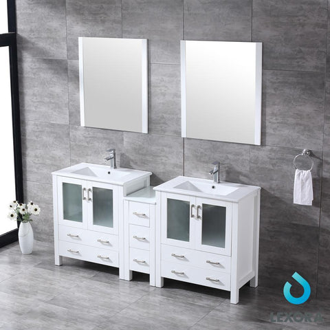 Image of Volez 72" White Double Vanity w/ Side Cabinet | Integrated Top | White Integrated Square Sink and 28" Mirrors