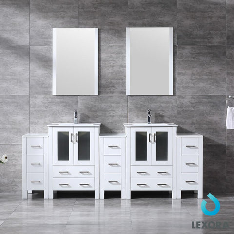 Image of Volez 84" White Double Vanity w/ 3 Side Cabinets | Integrated Top | White Integrated Square Sink and 22" Mirrors