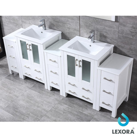 Image of Volez 84" White Double Vanity w/ 3 Side Cabinets | Integrated Top | White Integrated Square Sink and 22" Mirrors
