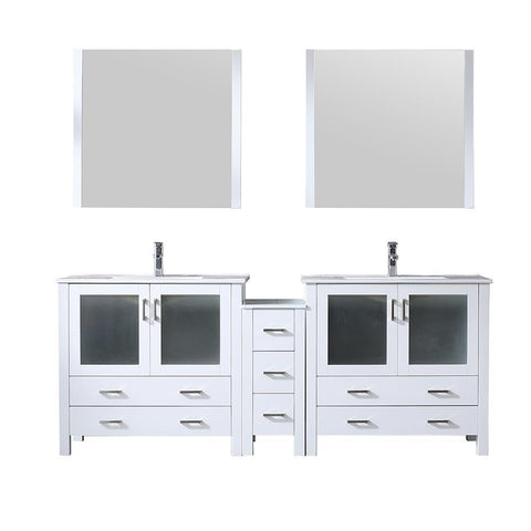 Image of Volez 84" White Double Vanity w/ Side Cabinet | Integrated Top | White Integrated Square Sink and 34" Mirrors