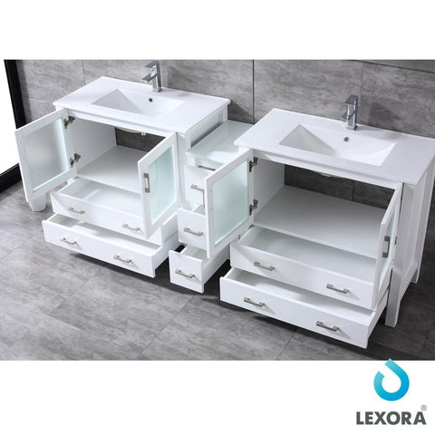 Image of Volez 84" White Double Vanity w/ Side Cabinet | Integrated Top | White Integrated Square Sink and 34" Mirrors