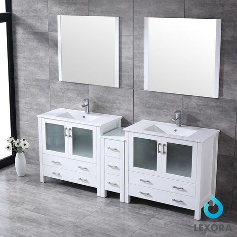 Image of Volez 84" White Double Vanity w/ Side Cabinet | Integrated Top | White Integrated Square Sink and 34" Mirrors