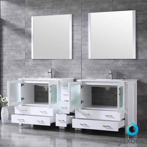 Image of Volez 84" White Double Vanity w/ Side Cabinet | Integrated Top | White Integrated Square Sink and 34" Mirrors