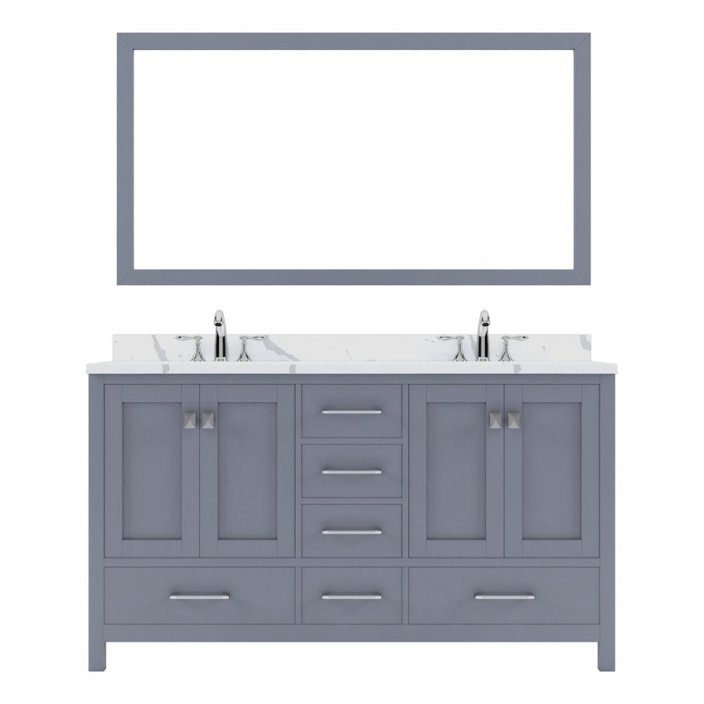 Details of the Virtu USA Caroline Avenue 60" Double Bath Vanity in Gray with Calacatta Quartz Top and Round Sinks with Polished Chrome Faucets with Matching Mirror | GD-50060-CCRO-GR-002
