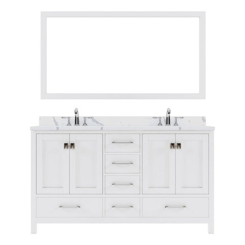 Image of Details of the Virtu USA Caroline Avenue 60" Double Bath Vanity in White with Calacatta Quartz Top and Round Sinks with Brushed Nickel Faucets with Matching Mirror | GD-50060-CCRO-WH-001
