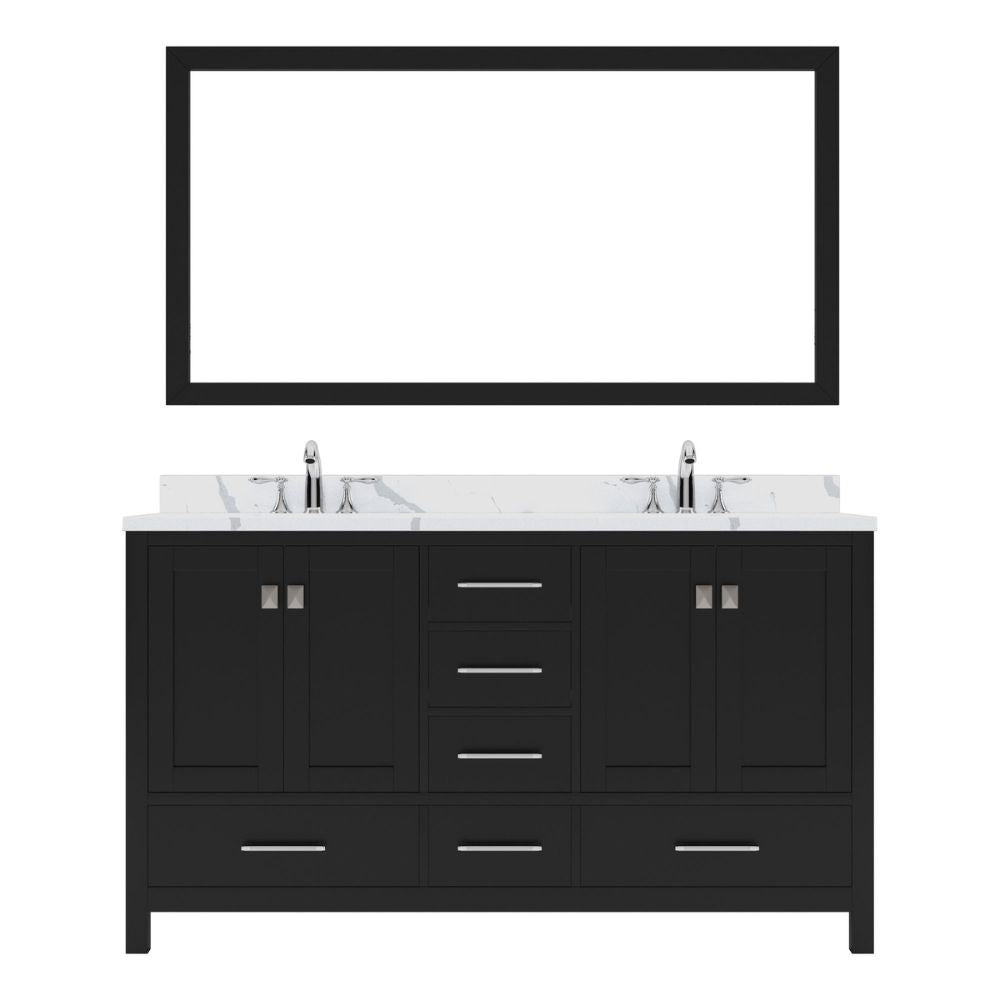 Details of the Virtu USA Caroline Avenue 60" Double Bath Vanity in Espresso with Calacatta Quartz Top and Square Sinks with Brushed Nickel Faucets with Matching Mirror | GD-50060-CCSQ-ES-001