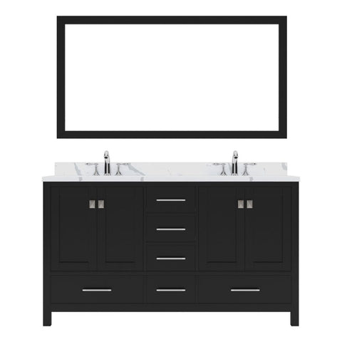 Image of Details of the Virtu USA Caroline Avenue 60" Double Bath Vanity in Espresso with Calacatta Quartz Top and Square Sinks with Brushed Nickel Faucets with Matching Mirror | GD-50060-CCSQ-ES-001