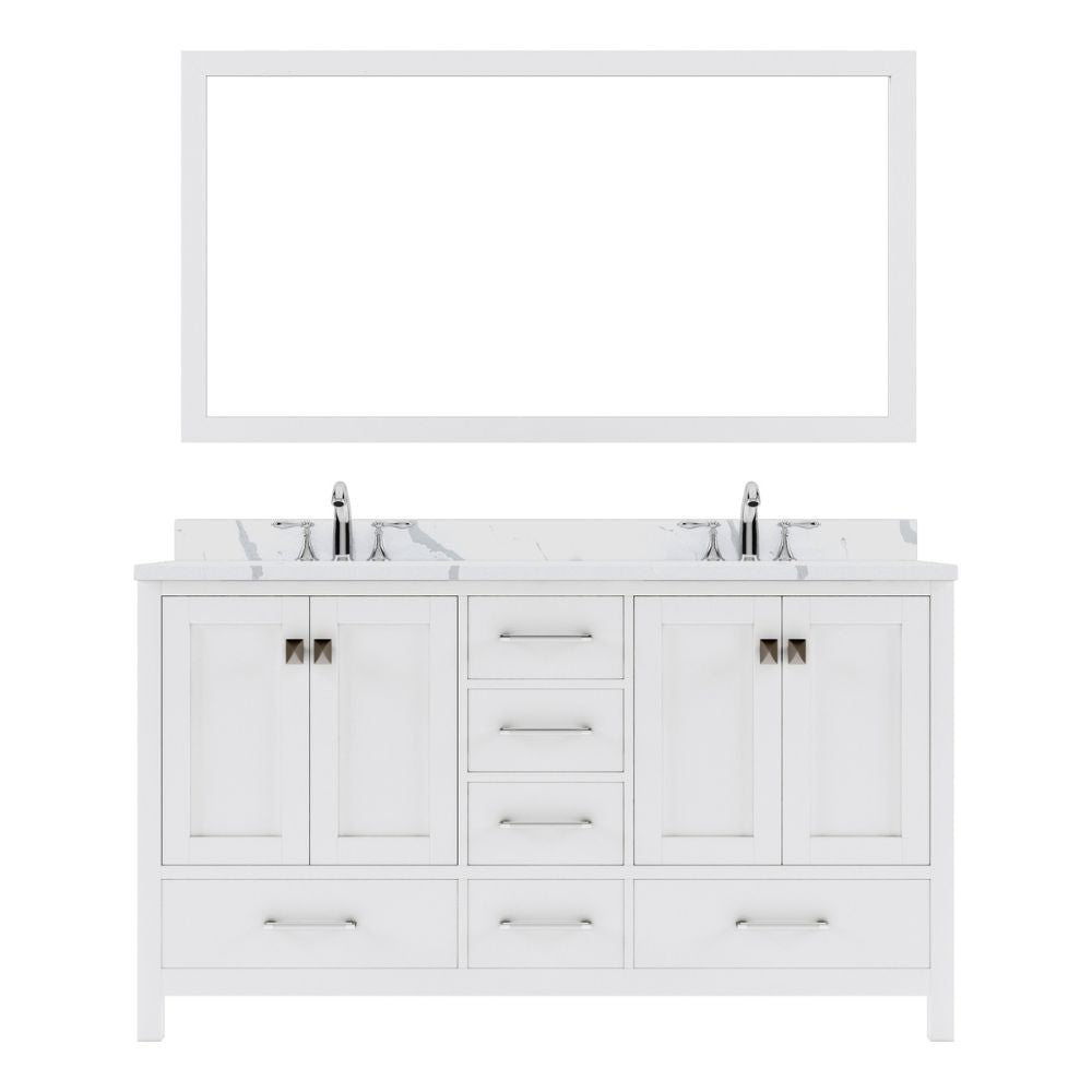 Details of the Virtu USA Caroline Avenue 60" Double Bath Vanity in White with Calacatta Quartz Top and Square Sinks with Brushed Nickel Faucets with Matching Mirror | GD-50060-CCSQ-WH-001