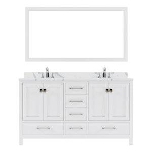Details of the Virtu USA Caroline Avenue 60" Double Bath Vanity in Gray with Calacatta Quartz Top and Square Sinks with Polished Chrome Faucets with Matching Mirror | GD-50060-CCSQ-GR-002