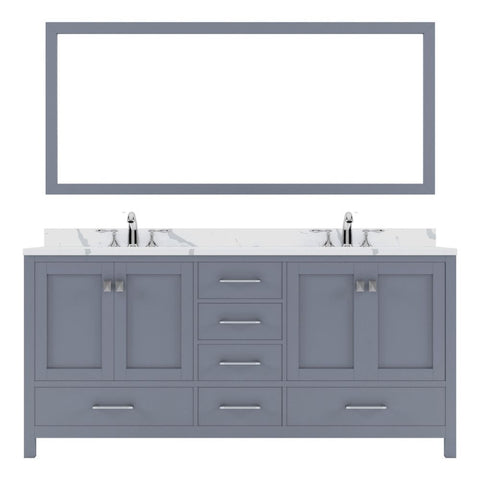 Image of Details of the Virtu USA Caroline Avenue 72" Double Bath Vanity in Gray with Calacatta Quartz Top and Round Sinks with Polished Chrome Faucets with Matching Mirror | GD-50072-CCRO-GR-002