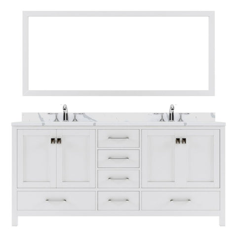 Image of Details of the Virtu USA Caroline Avenue 72" Double Bath Vanity in White with Calacatta Quartz Top and Round Sinks with Brushed Nickel Faucets with Matching Mirror | GD-50072-CCRO-WH-001
