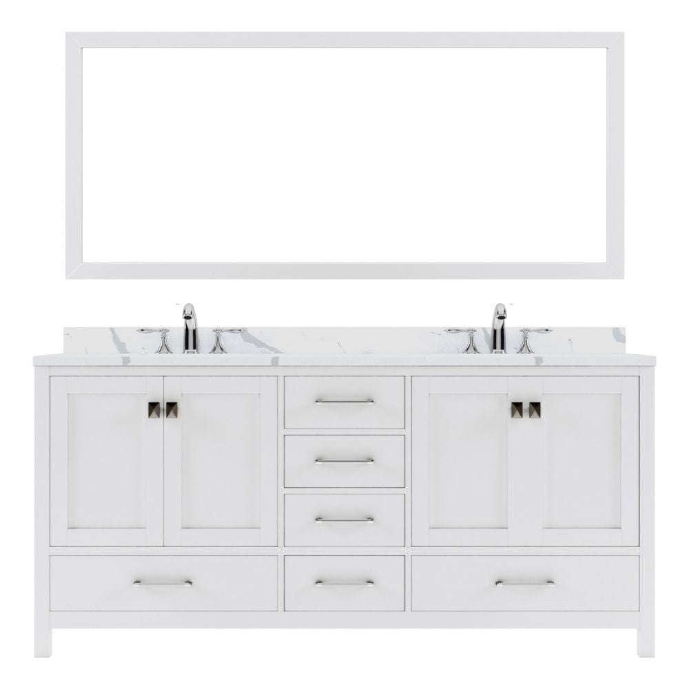 Details of the Virtu USA Caroline Avenue 72" Double Bath Vanity in White with Calacatta Quartz Top and Round Sinks with Matching Mirror | GD-50072-CCRO-WH