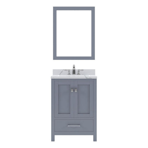 Image of Details of the Virtu USA Caroline Avenue 24" Single Bath Vanity in Gray with Calacatta Quartz Top and Square Sink with Brushed Nickel Faucet with Matching Mirror | GS-50024-CCSQ-GR-001