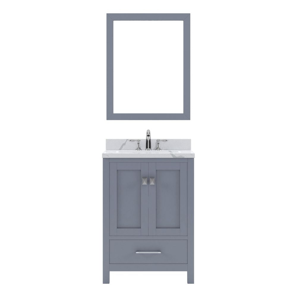 Details of the Virtu USA Caroline Avenue 24" Single Bath Vanity in Gray with Calacatta Quartz Top and Square Sink with Polished Chrome Faucet with Matching Mirror | GS-50024-CCSQ-GR-002