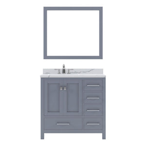 Details of the Virtu USA Caroline Avenue 36" Single Bath Vanity in Gray with Calacatta Quartz Top and Round Sink with Brushed Nickel Faucet with Matching Mirror | GS-50036-CCRO-GR-001