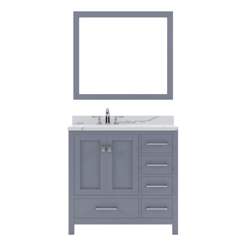 Details of the Virtu USA Caroline Avenue 36" Single Bath Vanity in Gray with Calacatta Quartz Top and Round Sink with Matching Mirror | GS-50036-CCRO-GR