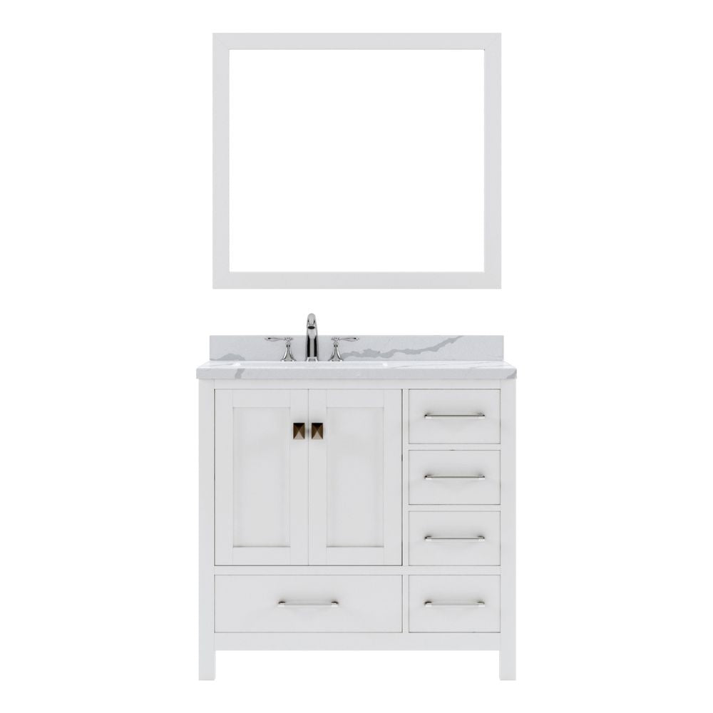 Details of the Virtu USA Caroline Avenue 36" Single Bath Vanity in White with Calacatta Quartz Top and Round Sink with Brushed Nickel Faucet with Matching Mirror | GS-50036-CCRO-WH-001