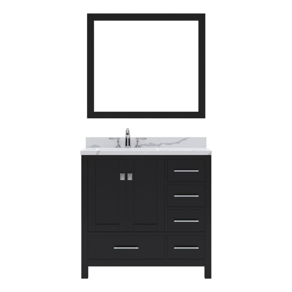 Details of the Virtu USA Caroline Avenue 36" Single Bath Vanity in Espresso with Calacatta Quartz Top and Square Sink with Brushed Nickel Faucet with Matching Mirror | GS-50036-CCSQ-ES-001