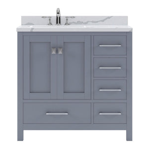 Details of the Virtu USA Caroline Avenue 36" Single Bath Vanity in Gray with Calacatta Quartz Top and Square Sink | GS-50036-CCSQ-GR-NM